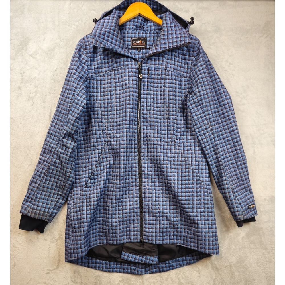 Kerrits Women Large Blue Plaid Removable Hood Riding Rain Coat Jacket Equestrian